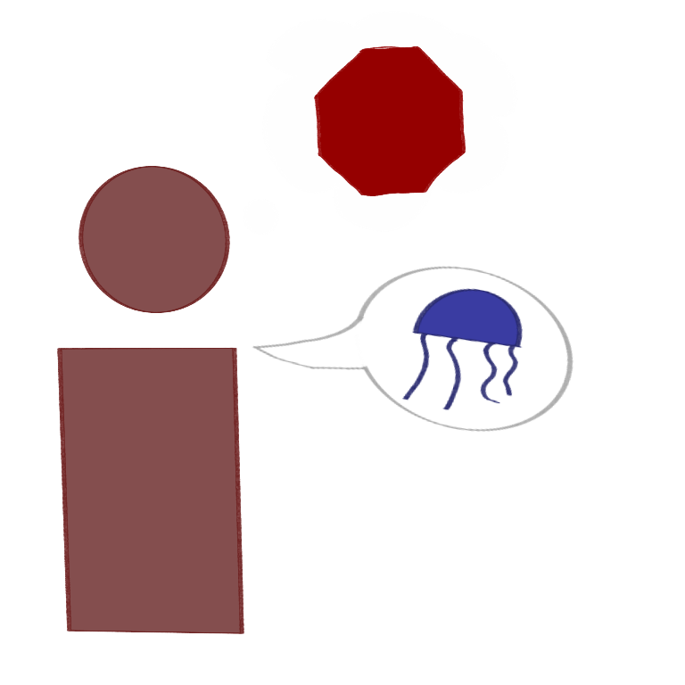  A simple drawing of a person. The person has a thought bubble and speech bubble next to them. The thought bubble has a stop sign drawing in it and the speech bubble has a blue jellyfish in it